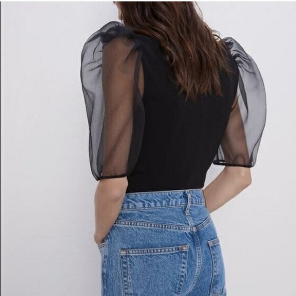 Zara Black fitted with puff see-through organza sleeve Size M NEW WITH TAG! - Picture 4 of 7